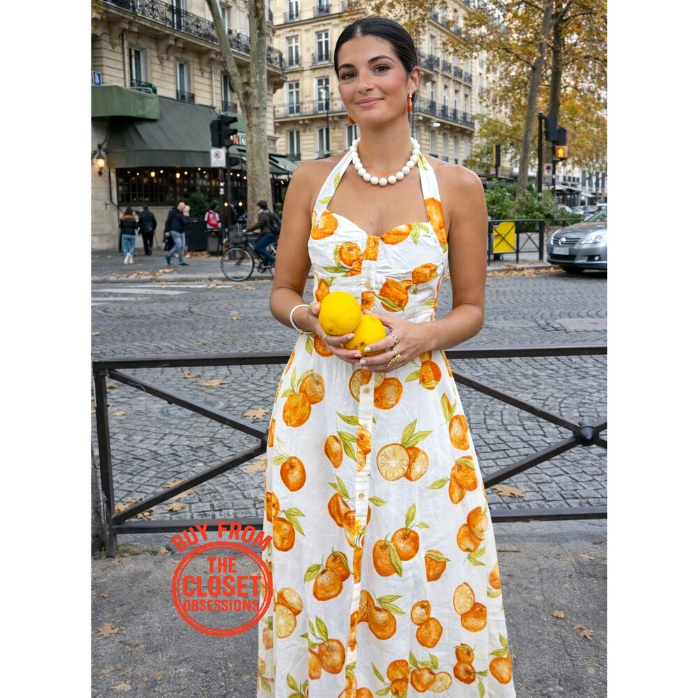 ZARA Blogger Fave Linen Blend Fruit Print Midi Dress NWT